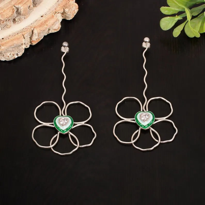 Antique Enamel Flower Silver Plated Brass Earring