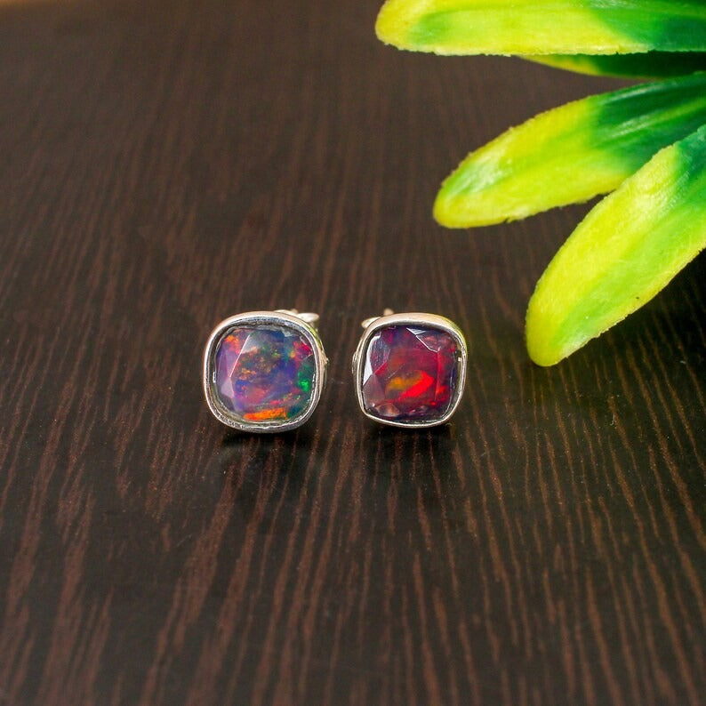 925 Sterling Natural Black Opal Gemstone Stud Earrings