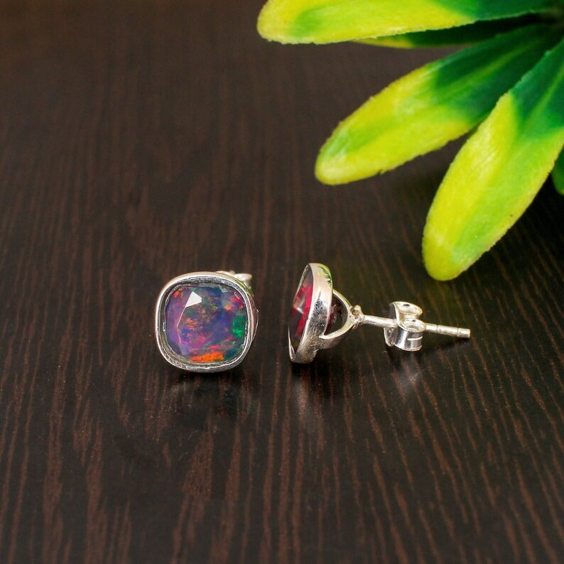 925 Sterling Natural Black Opal Gemstone Stud Earrings