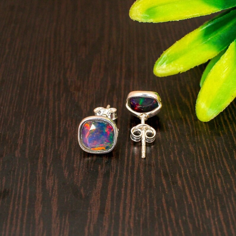 925 Sterling Natural Black Opal Gemstone Stud Earrings