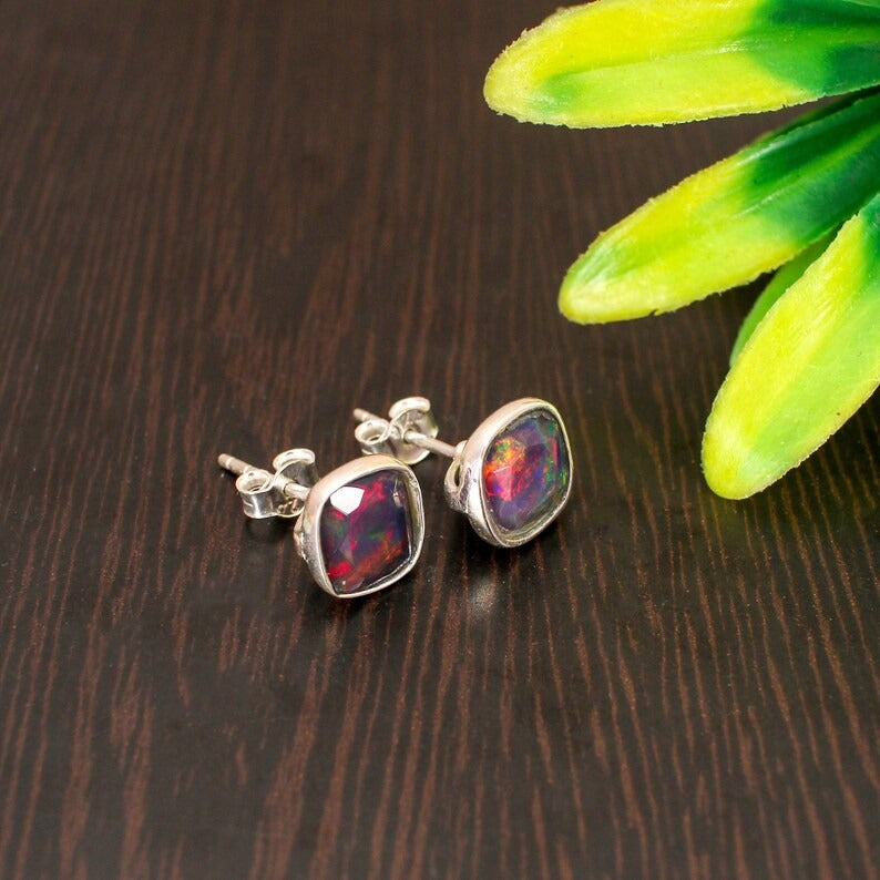 925 Sterling Natural Black Opal Gemstone Stud Earrings