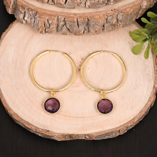 Amethyst Gemstone Hoop Gold Plated Brass Earrings