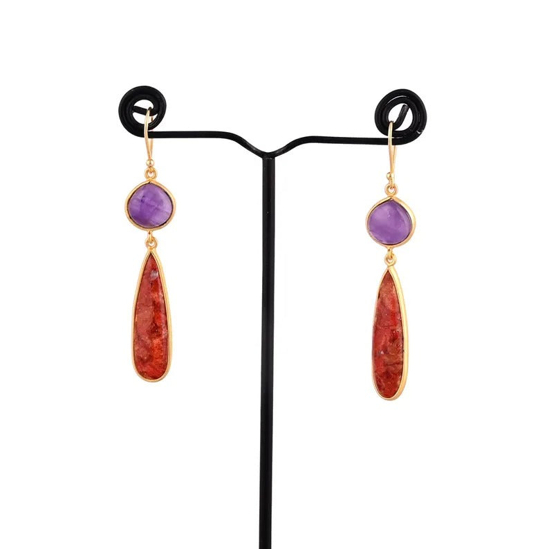 Natural purple Amethyst & Sponge Coral Gemstone 92.5 Sterling Silver Dangle Earrings