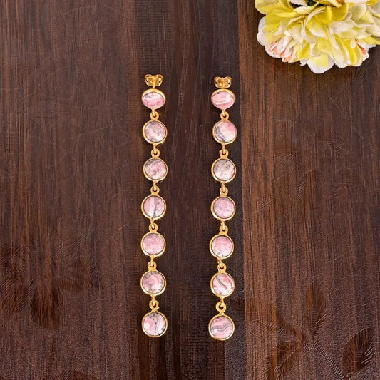 Rhodochrosite Stunning Drop Brass Earrings with Unique Pink Pattern