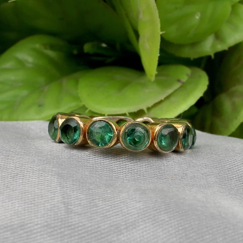 Green Amethyst Hydro Eternity Ring, Woman Wedding Band Ring, Handmade Ametrine Ring, Gold Plated Brass Eternity Ring, Round Gemstone Jewelry