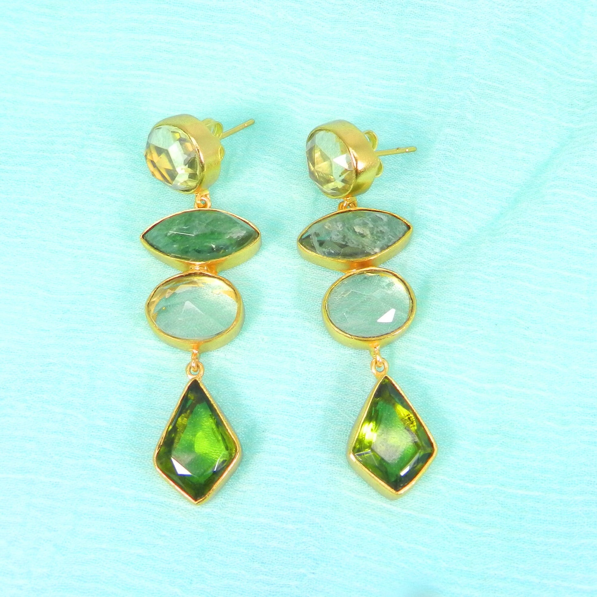 Citrine Hydro, Aqua Crackle Glass & Peridot Hydro Gemstone Gold Plated Brass Earrings- Dangling Earrings for Women- Fashion Earrings