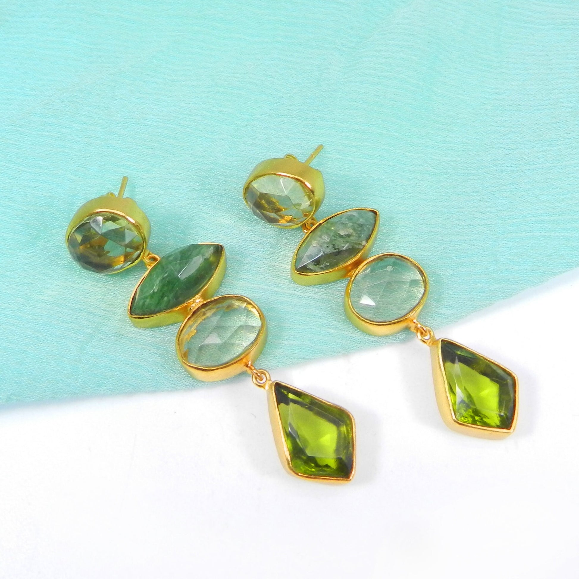 Citrine Hydro, Aqua Crackle Glass & Peridot Hydro Gemstone Gold Plated Brass Earrings- Dangling Earrings for Women- Fashion Earrings