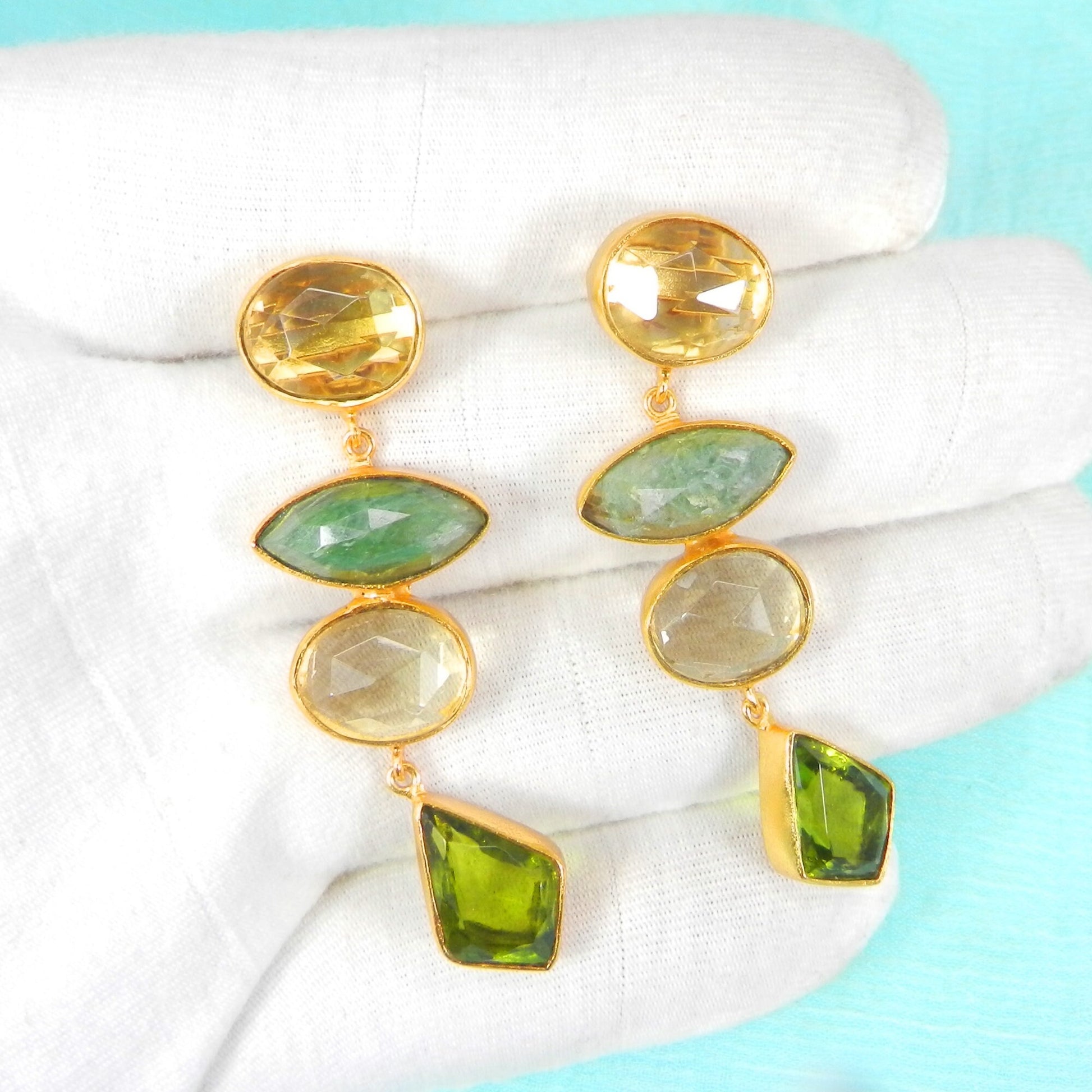 Citrine Hydro, Aqua Crackle Glass & Peridot Hydro Gemstone Gold Plated Brass Earrings- Dangling Earrings for Women- Fashion Earrings