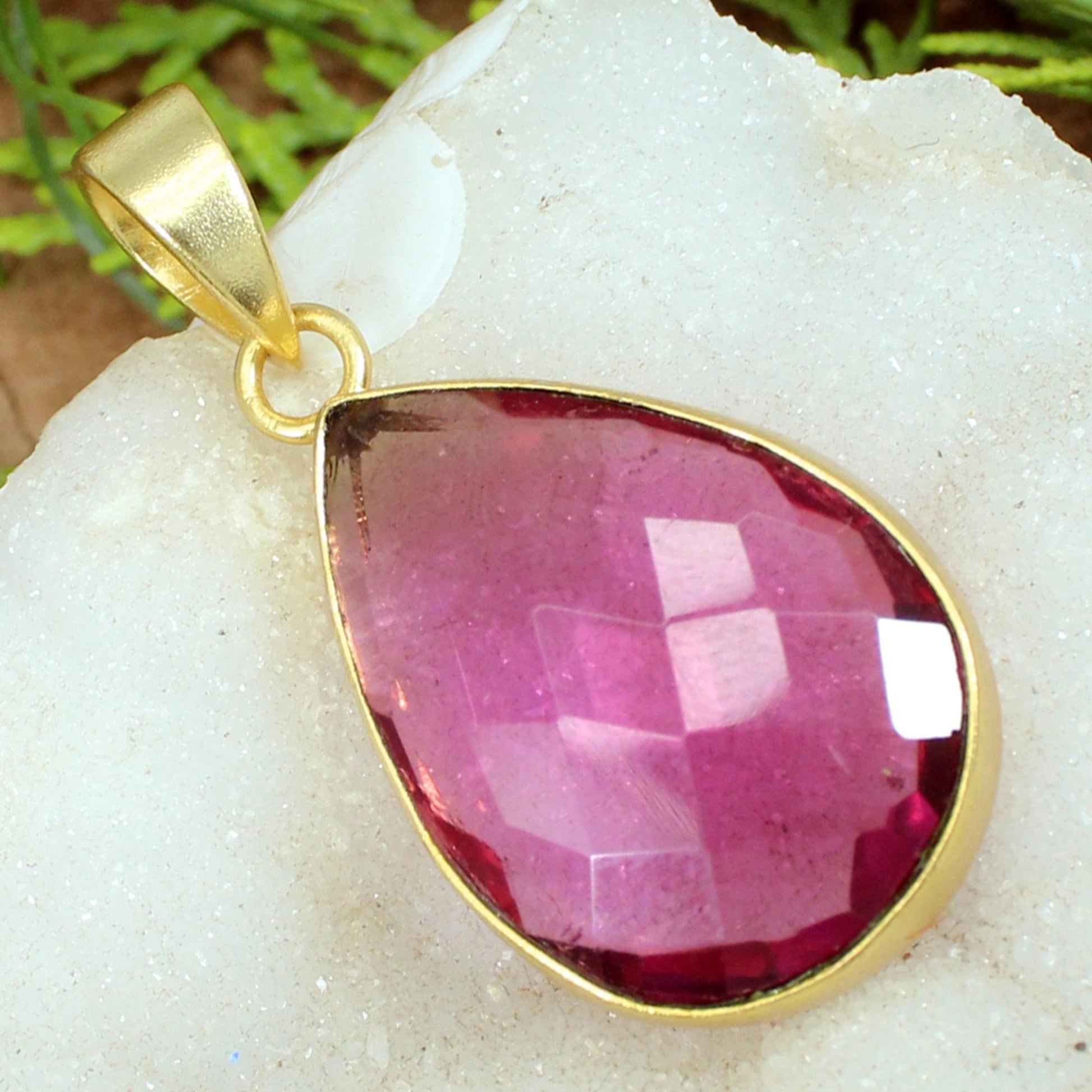 Pear Pendant- Pink Tourmaline Handmade Gemstone Pendant- Bezel Set- Gold Plated Brass- Necklace Making Jewelry- Gothic Jewelry- Gift for Mom