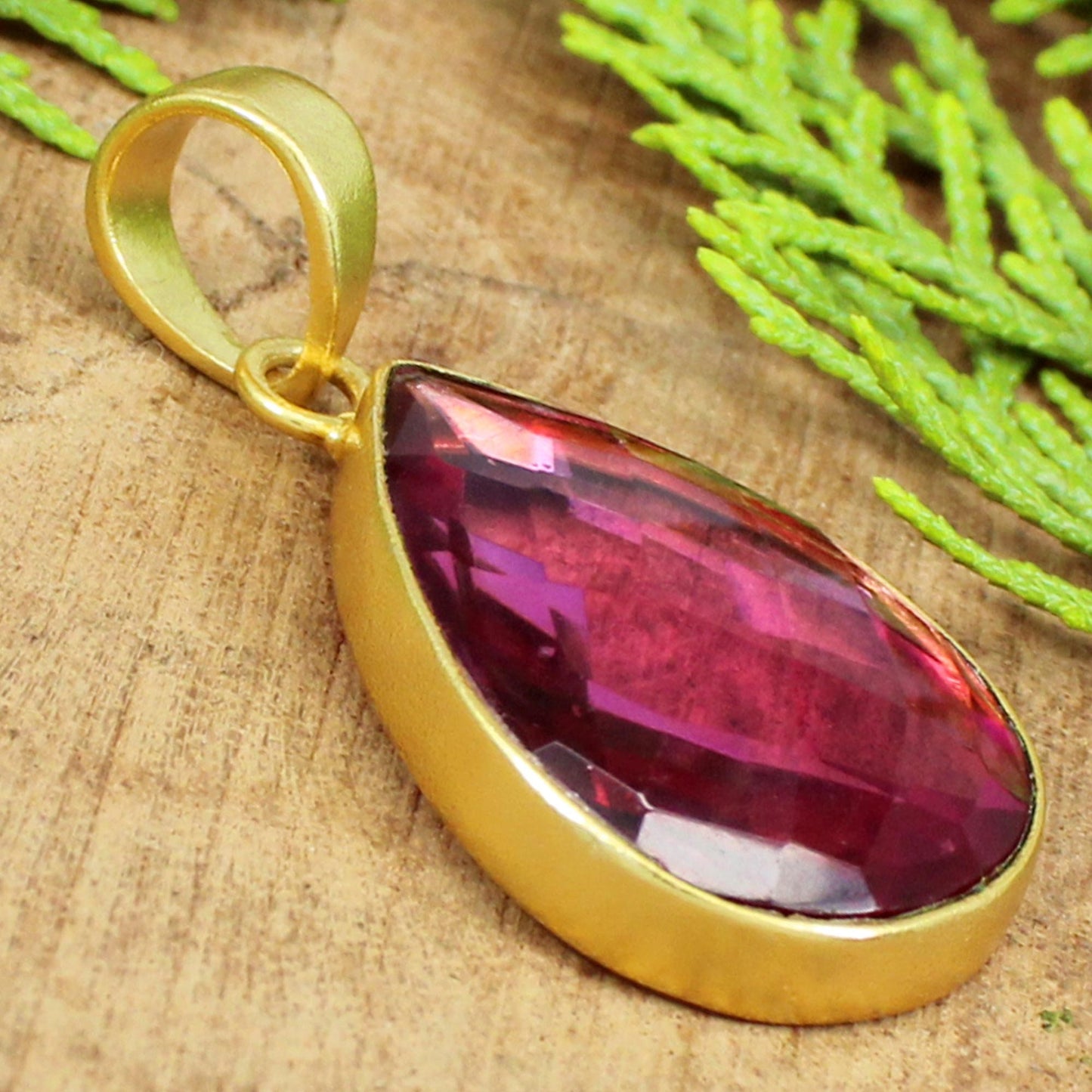 Pear Pendant- Pink Tourmaline Handmade Gemstone Pendant- Bezel Set- Gold Plated Brass- Necklace Making Jewelry- Gothic Jewelry- Gift for Mom