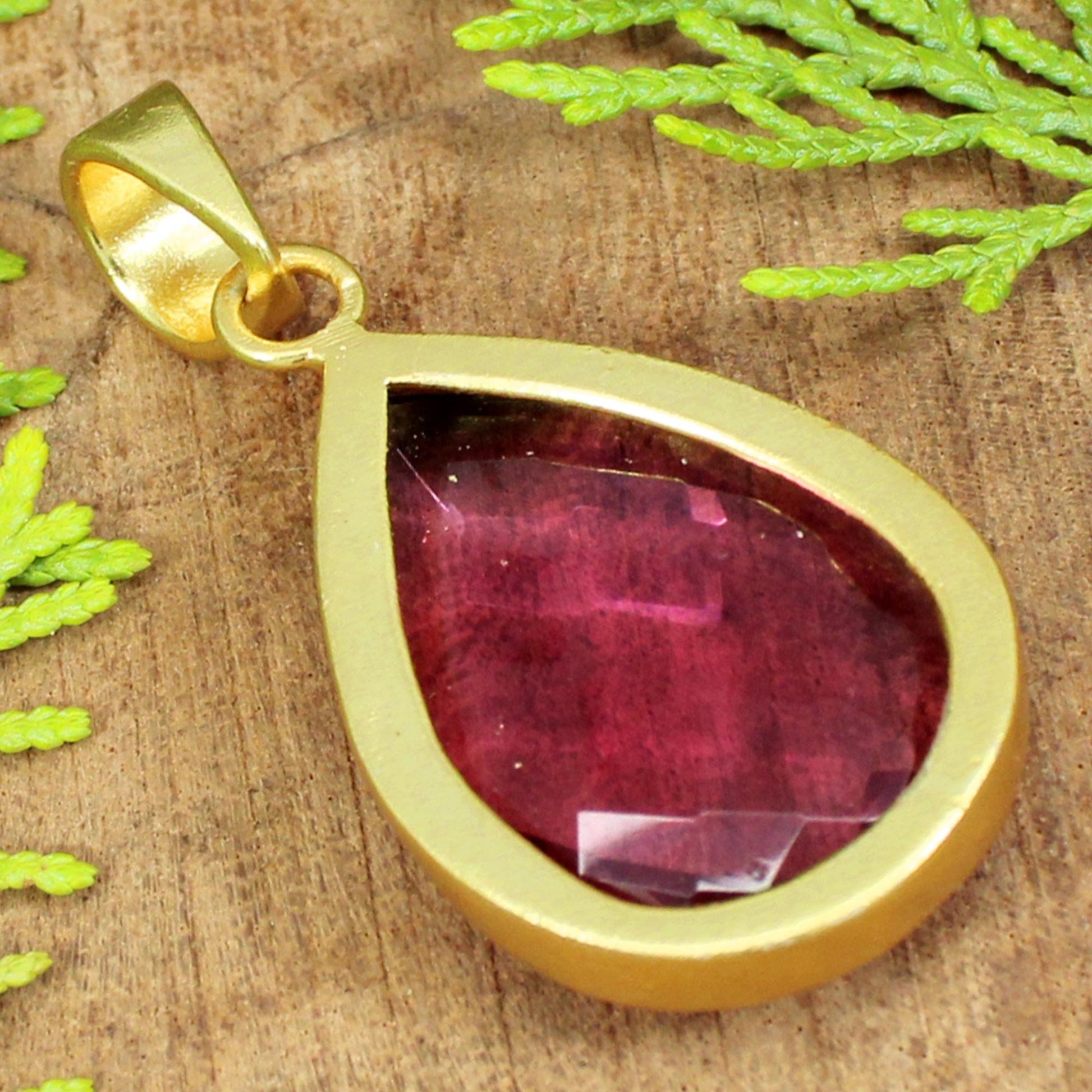 Pear Pendant- Pink Tourmaline Handmade Gemstone Pendant- Bezel Set- Gold Plated Brass- Necklace Making Jewelry- Gothic Jewelry- Gift for Mom