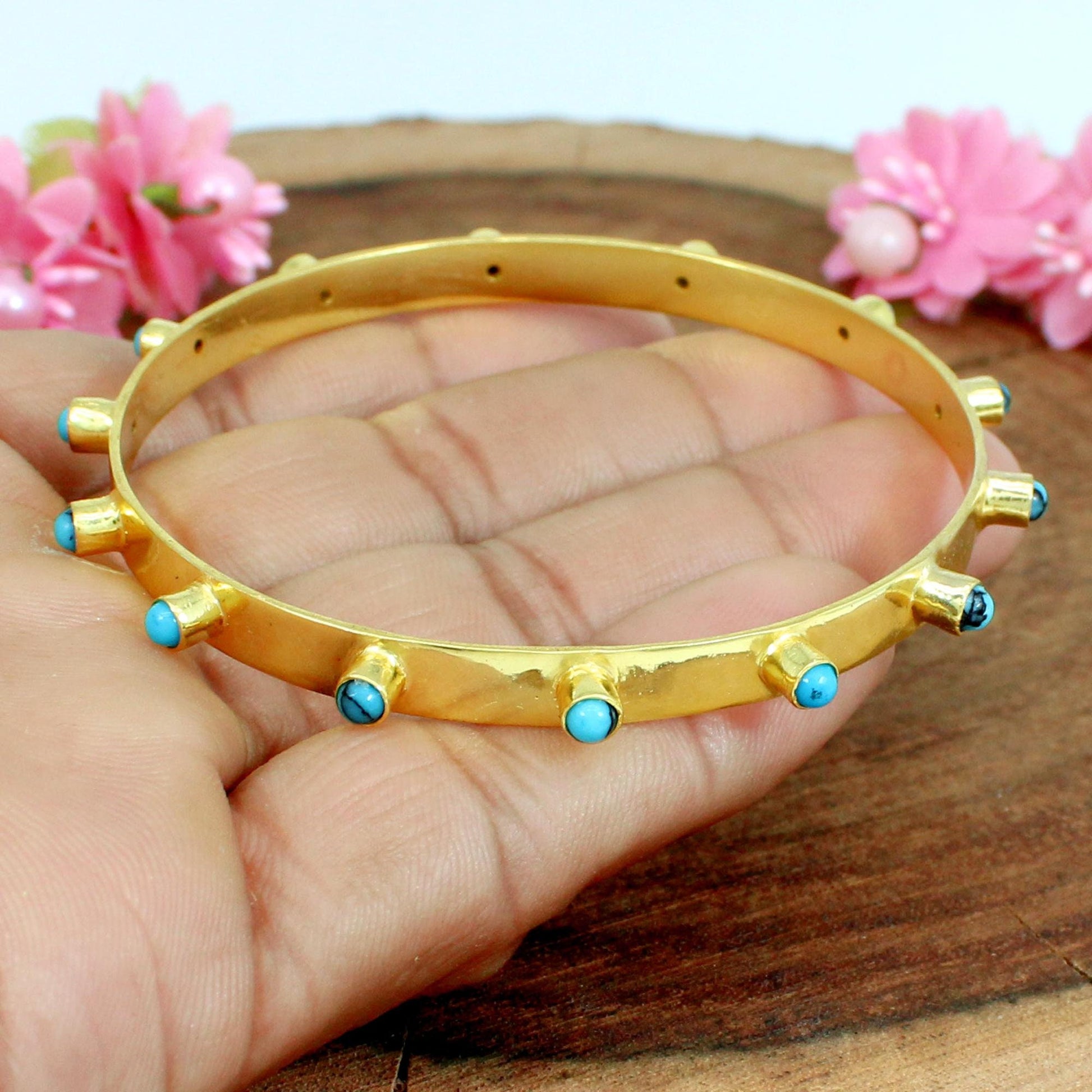 Natural Blue Turquoise Gemstone- Gold Plated Bangle Bracelet Jewelry- Multi Stones bangle- Brass Jewelry- Gothic Jewelry- Anniversary Gifts