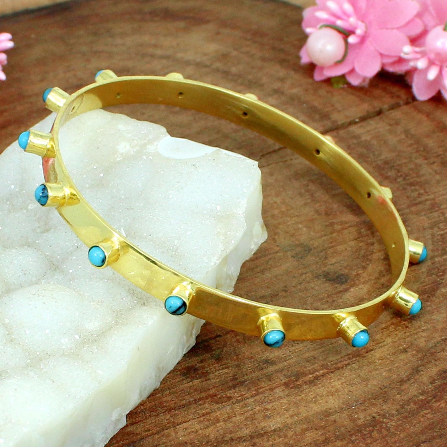 Natural Blue Turquoise Gemstone- Gold Plated Bangle Bracelet Jewelry- Multi Stones bangle- Brass Jewelry- Gothic Jewelry- Anniversary Gifts