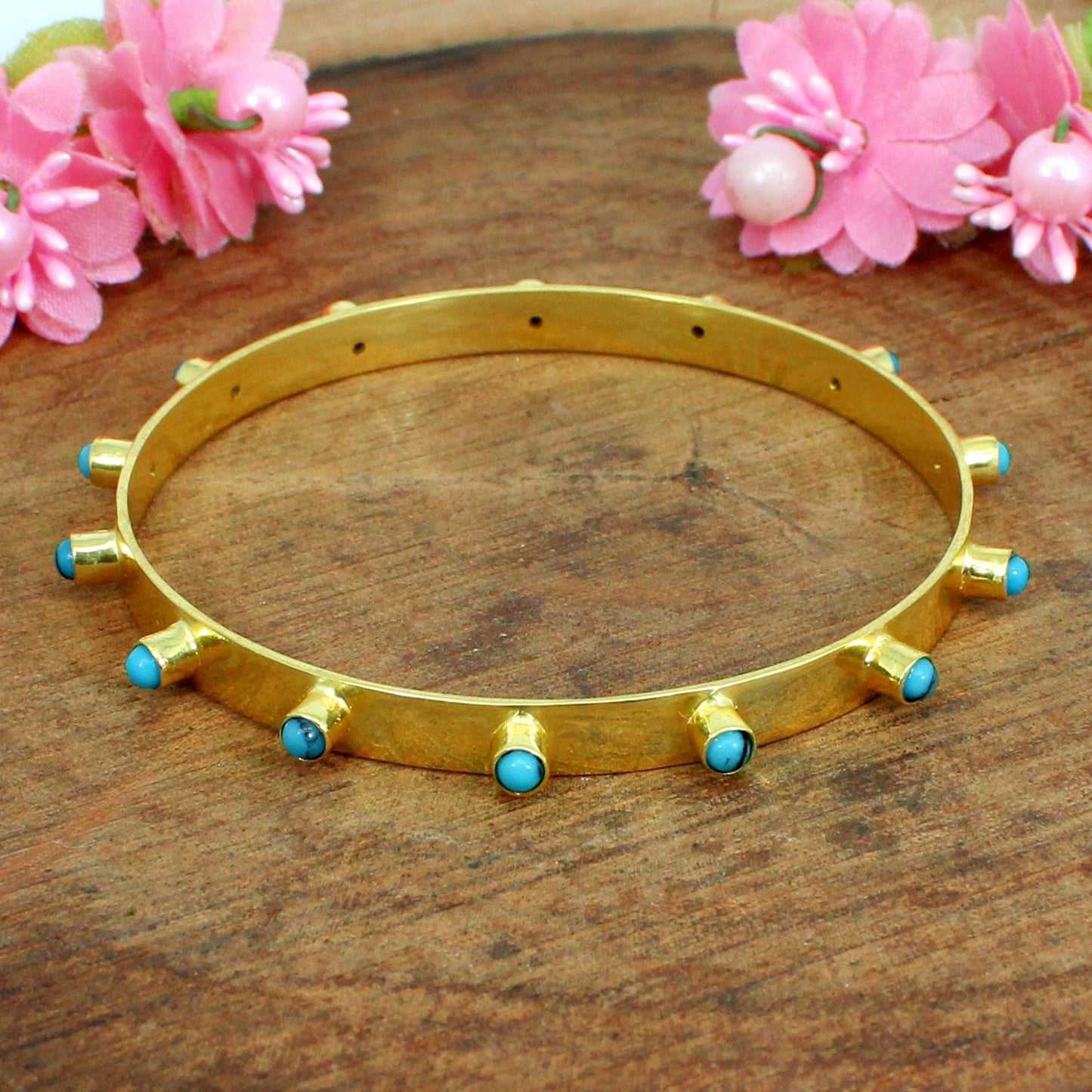 Natural Blue Turquoise Gemstone- Gold Plated Bangle Bracelet Jewelry- Multi Stones bangle- Brass Jewelry- Gothic Jewelry- Anniversary Gifts