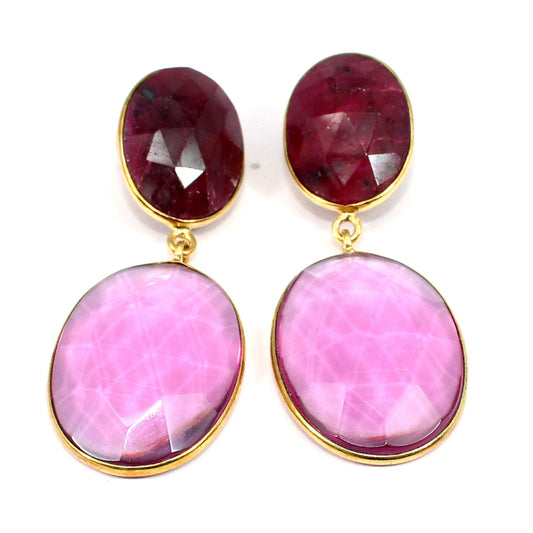 Pink Tourmaline & Ruby Earrings, Handmade Earrings, Dangle Earrings, Gold Plated Bangle, Anniversary Gifts, Brass Jewelry