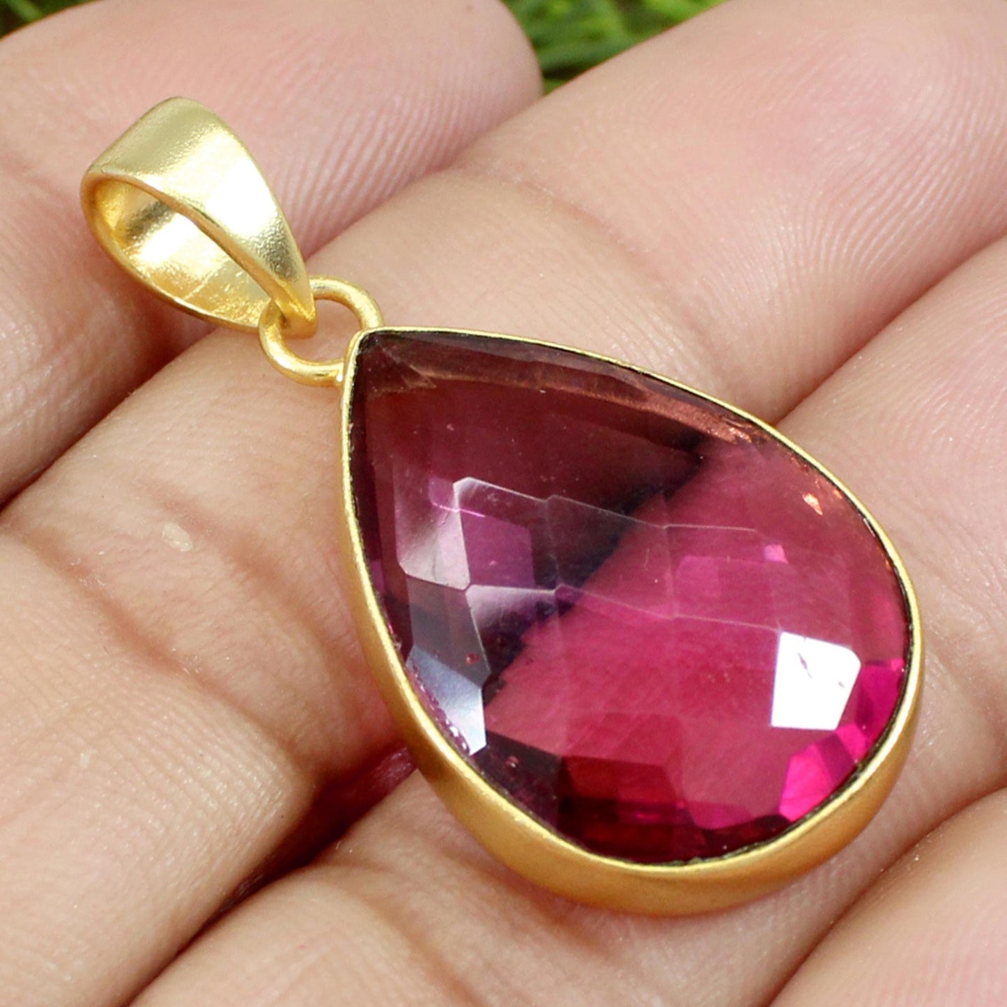 Pear Pendant- Pink Tourmaline Handmade Gemstone Pendant- Bezel Set- Gold Plated Brass- Necklace Making Jewelry- Gothic Jewelry- Gift for Mom