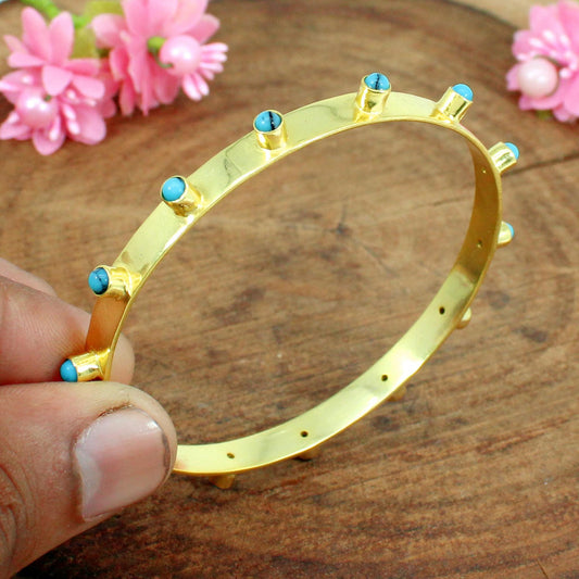 Natural Blue Turquoise Gemstone- Gold Plated Bangle Bracelet Jewelry- Multi Stones bangle- Brass Jewelry- Gothic Jewelry- Anniversary Gifts