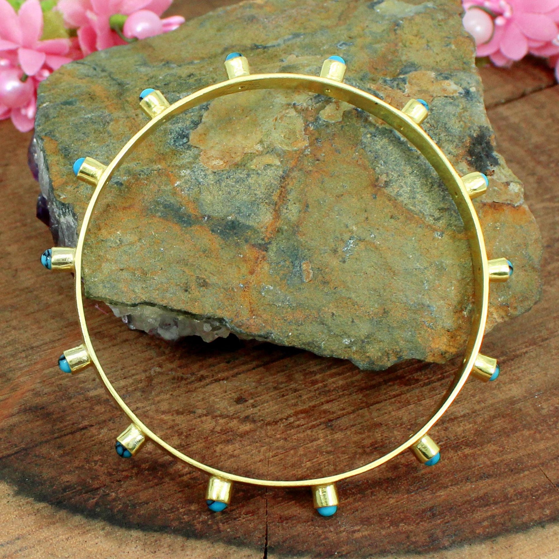 Natural Blue Turquoise Gemstone- Gold Plated Bangle Bracelet Jewelry- Multi Stones bangle- Brass Jewelry- Gothic Jewelry- Anniversary Gifts