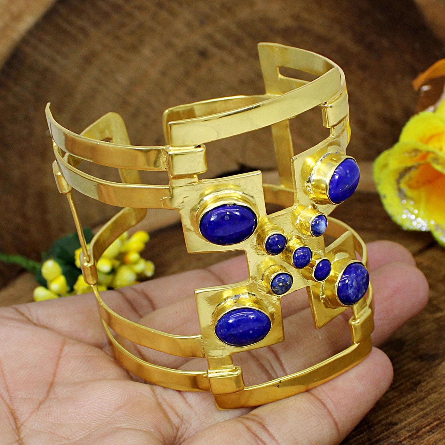 Lapis Lazuli Gemstone Bracelets- Gold Plated Brass- Handmade Bangle- Large Wrist Cuff Bracelet- Adjustable Bangle- Bridesmaid Gift- Vintage