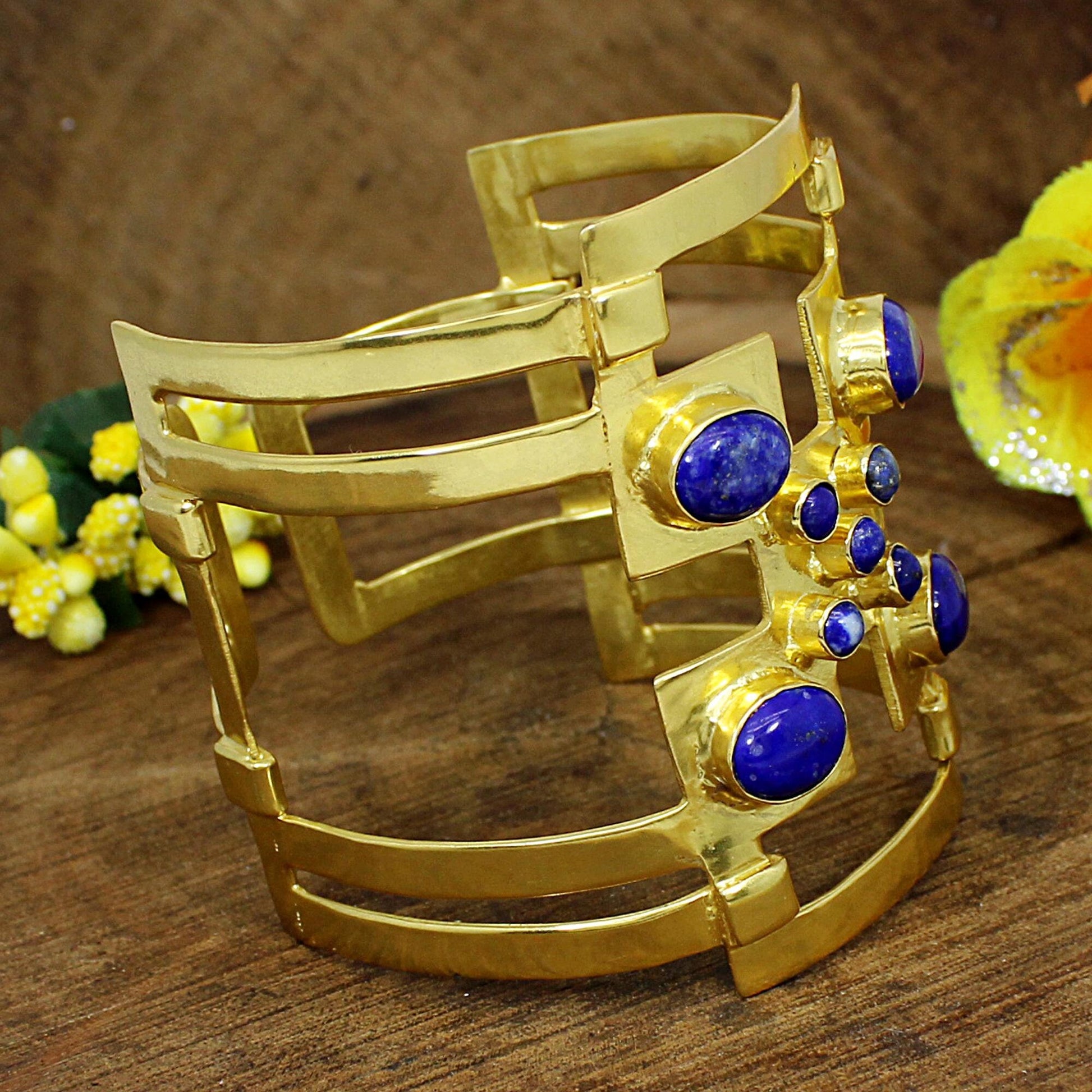 Lapis Lazuli Gemstone Bracelets- Gold Plated Brass- Handmade Bangle- Large Wrist Cuff Bracelet- Adjustable Bangle- Bridesmaid Gift- Vintage