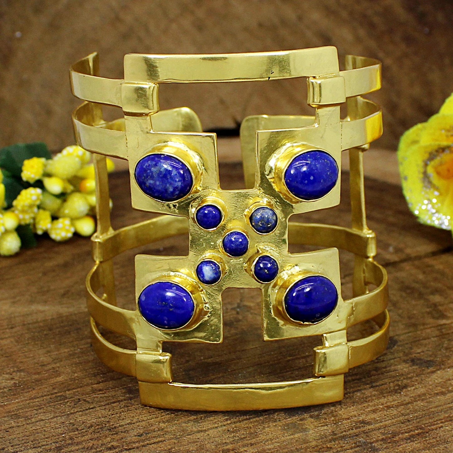 Lapis Lazuli Gemstone Bracelets- Gold Plated Brass- Handmade Bangle- Large Wrist Cuff Bracelet- Adjustable Bangle- Bridesmaid Gift- Vintage