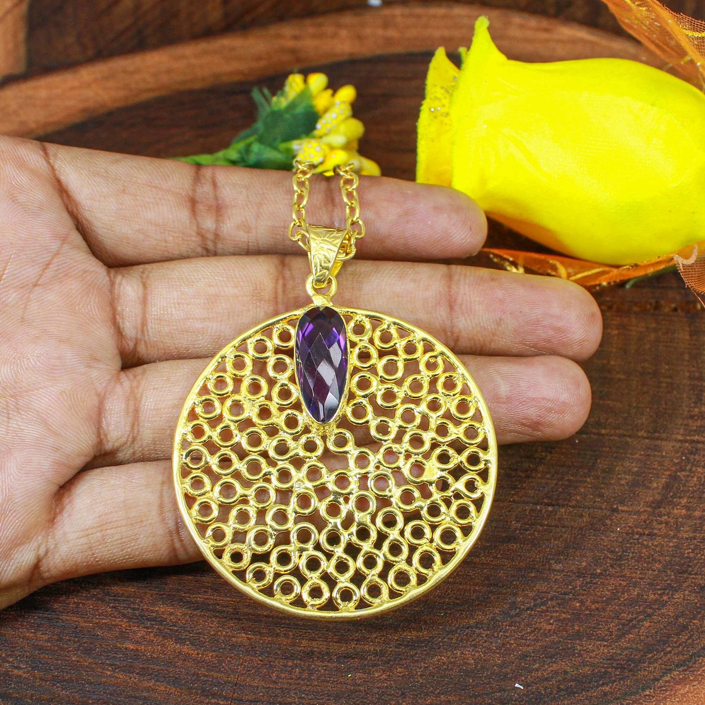 Purple Amethyst Gold Plated Brass Necklace