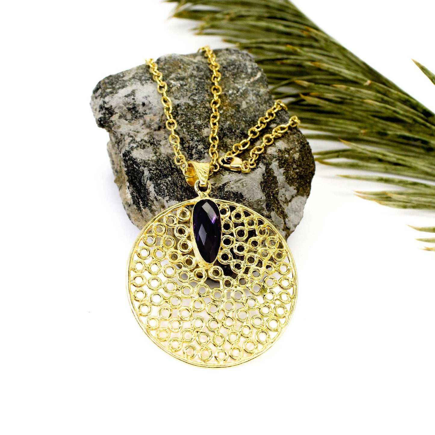 Pendant Jewelry- Purple Amethyst Necklace- Filigrees Jewelry- Traditional Jewelry- Handmade Necklace- Birthday Gifts- Gold Plated Brass