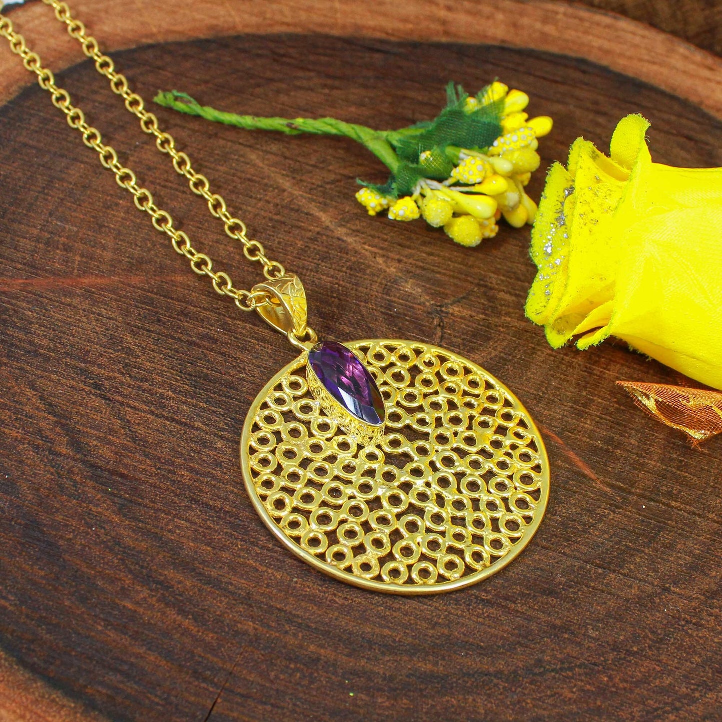 Pendant Jewelry- Purple Amethyst Necklace- Filigrees Jewelry- Traditional Jewelry- Handmade Necklace- Birthday Gifts- Gold Plated Brass