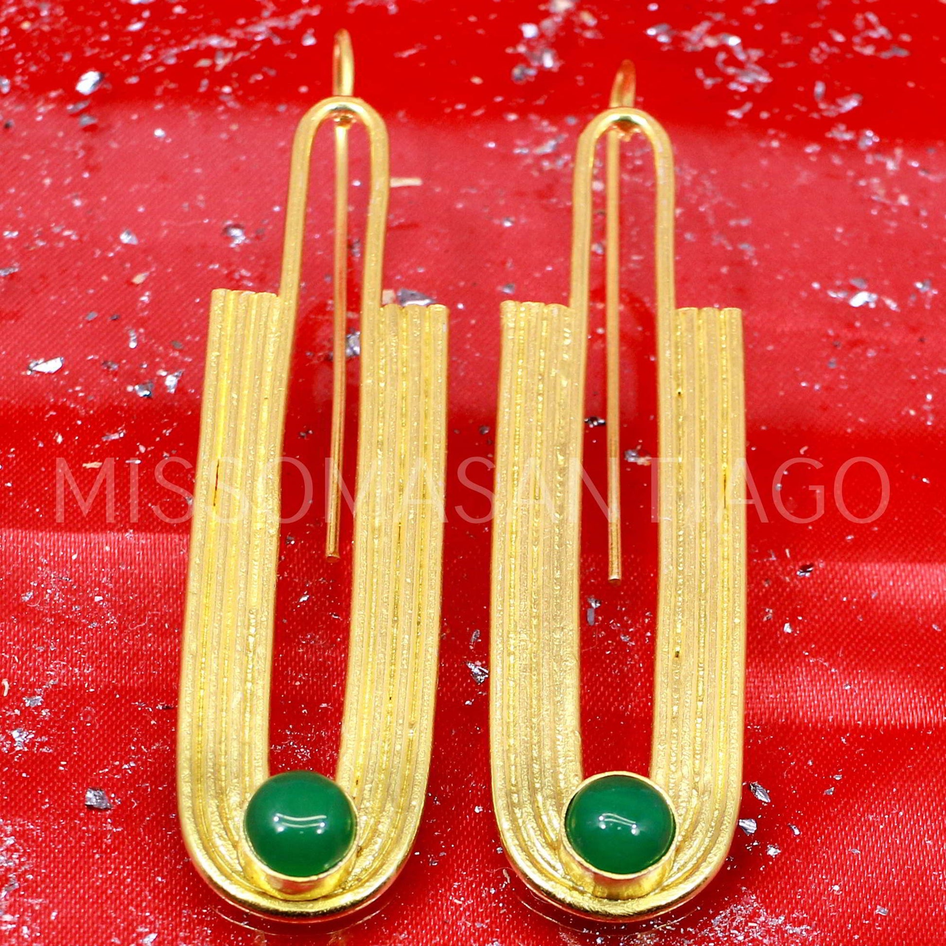 Green Onyx Earrings in Gold Filled Brass - Large Brass Earrings - Dangle Drop Earrings - Wedding Jewelry - Indian Jewelry - Christmas Gifts