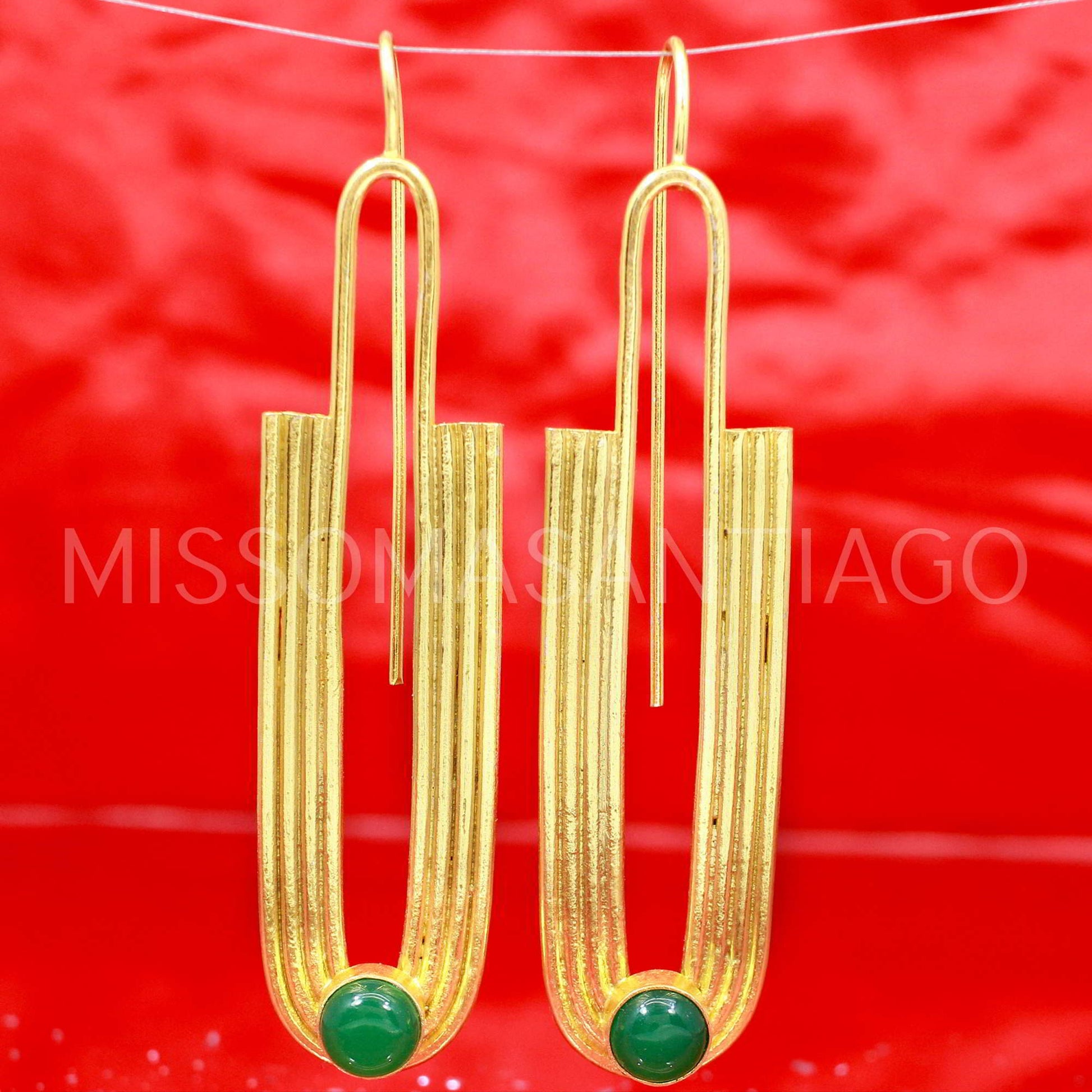 Green Onyx Earrings in Gold Filled Brass - Large Brass Earrings - Dangle Drop Earrings - Wedding Jewelry - Indian Jewelry - Christmas Gifts