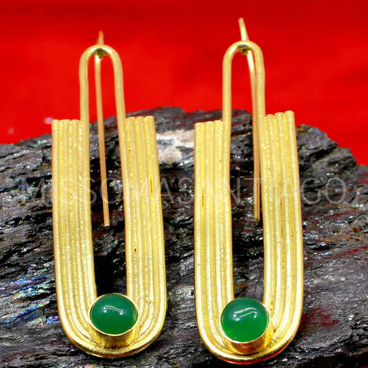 Green Onyx Earrings in Gold Filled Brass - Large Brass Earrings - Dangle Drop Earrings - Wedding Jewelry - Indian Jewelry - Christmas Gifts