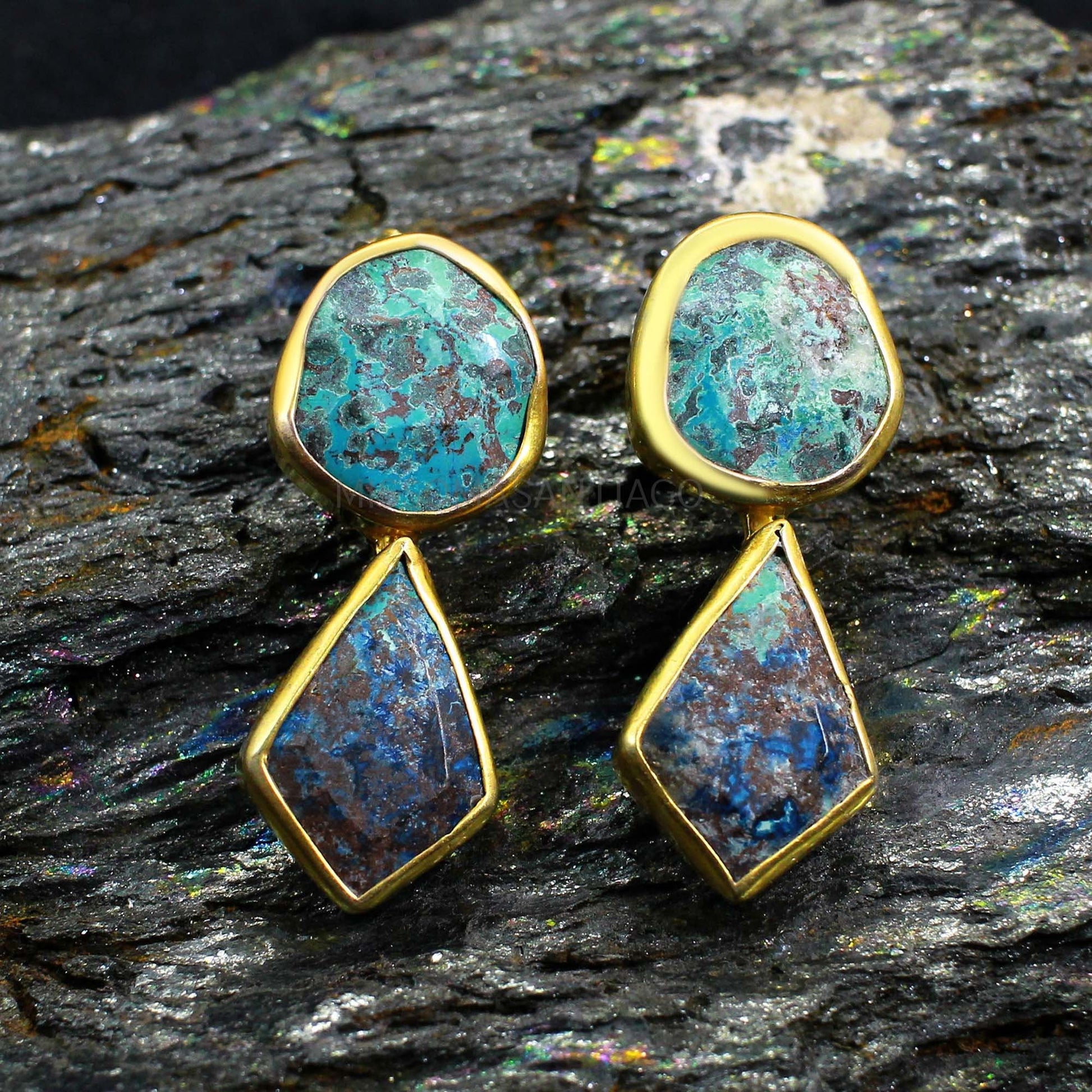 Gold Chrysocolla Gemstone Earrings- Natural Earrings- Drop Earrings- Anniversary Gifts- Handcrafted Earrings- Ethnic Earrings- Boho Earrings