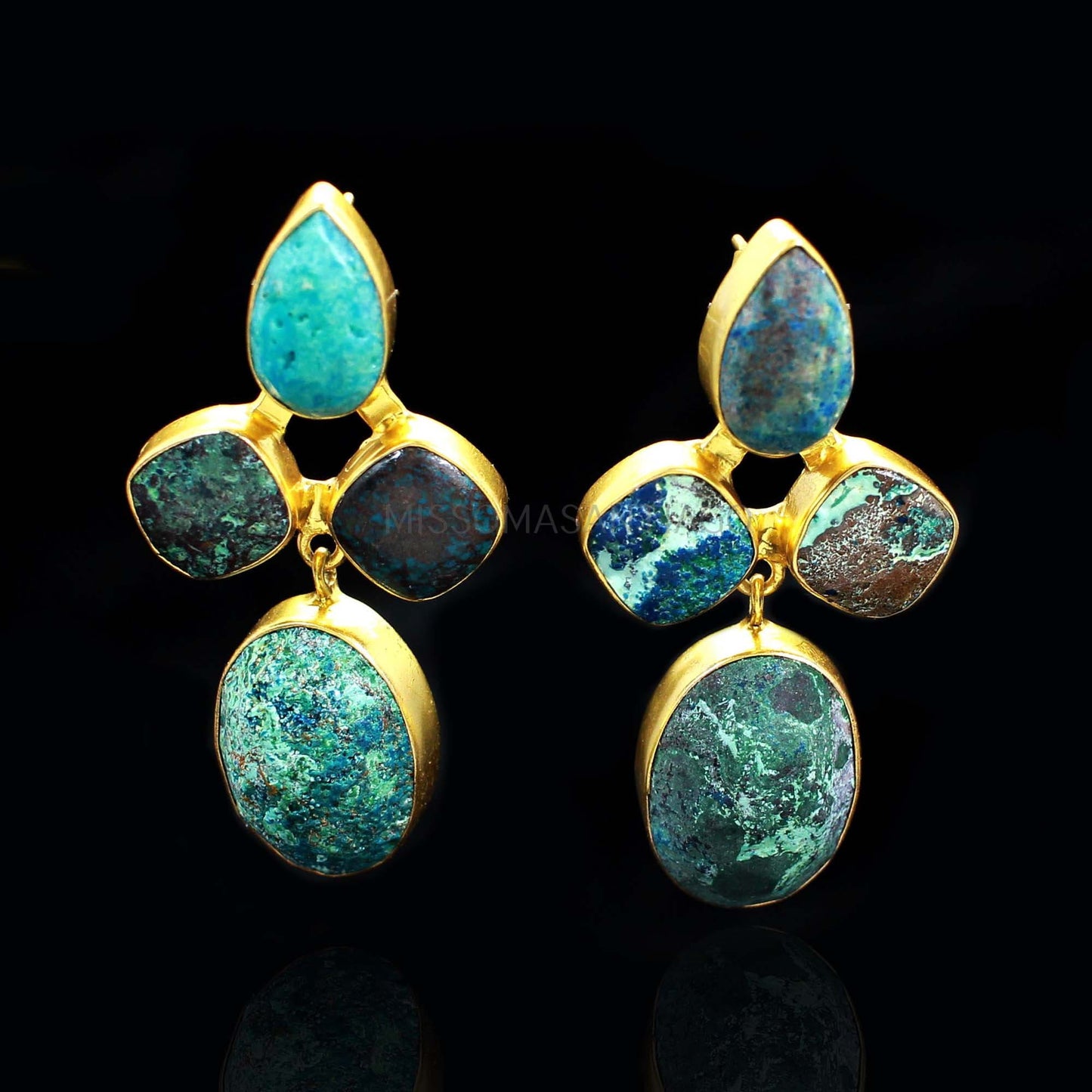 Chrysocolla Gemstone Earring- Handmade Earrings- Gold Brass Earrings- Wedding Earrings- Drop Style- Boho Earrings- Chrysocolla Jewelry