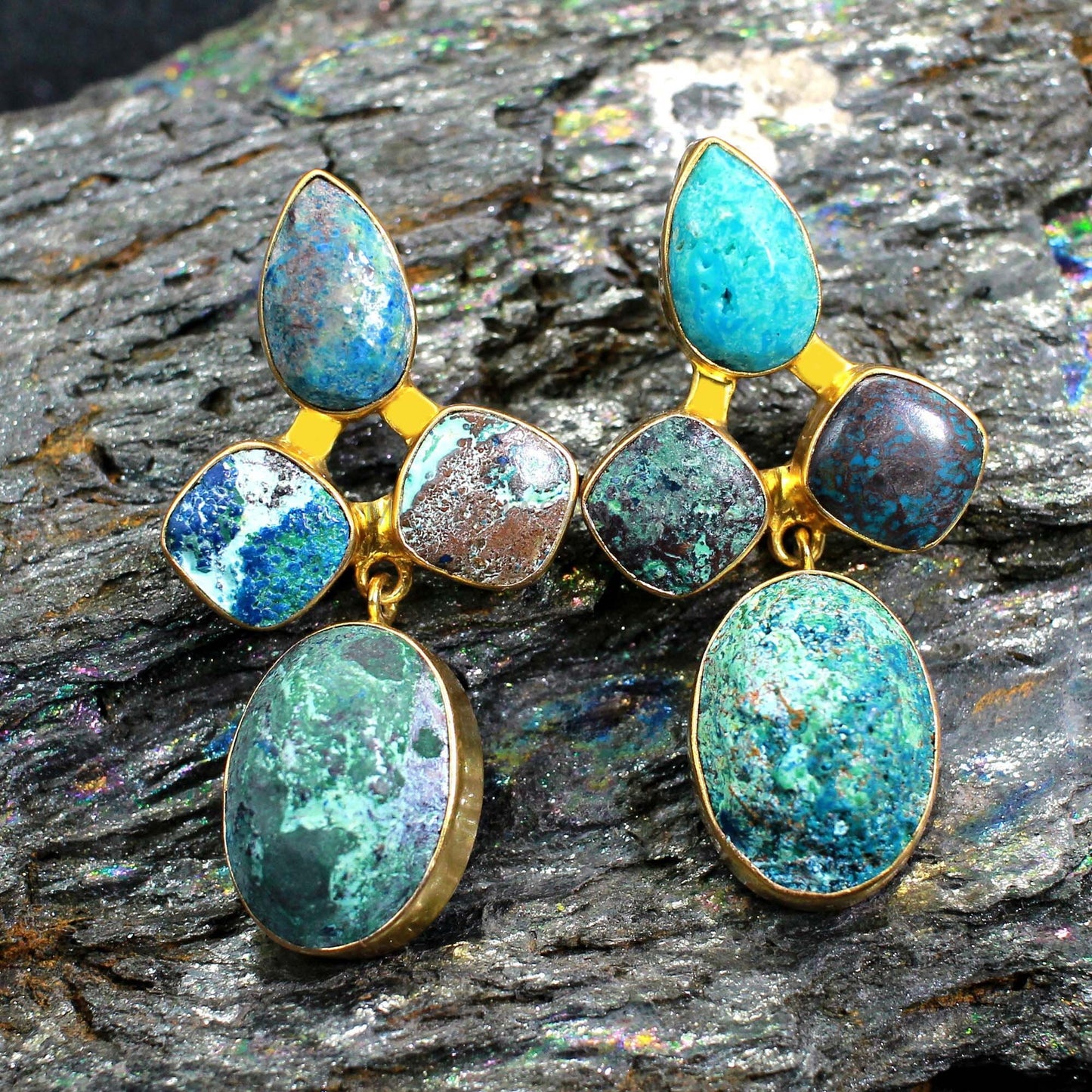 Chrysocolla Gemstone Earring- Handmade Earrings- Gold Brass Earrings- Wedding Earrings- Drop Style- Boho Earrings- Chrysocolla Jewelry