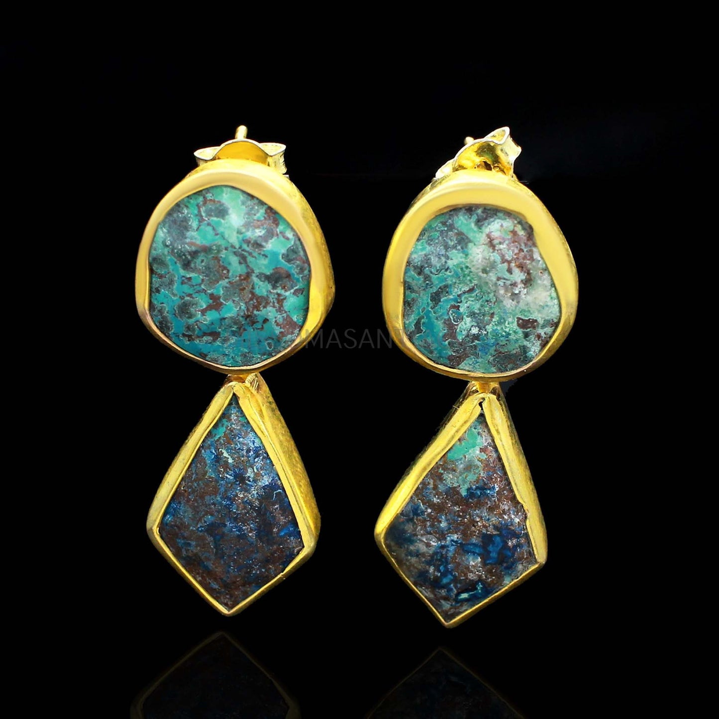 Gold Chrysocolla Gemstone Earrings- Natural Earrings- Drop Earrings- Anniversary Gifts- Handcrafted Earrings- Ethnic Earrings- Boho Earrings