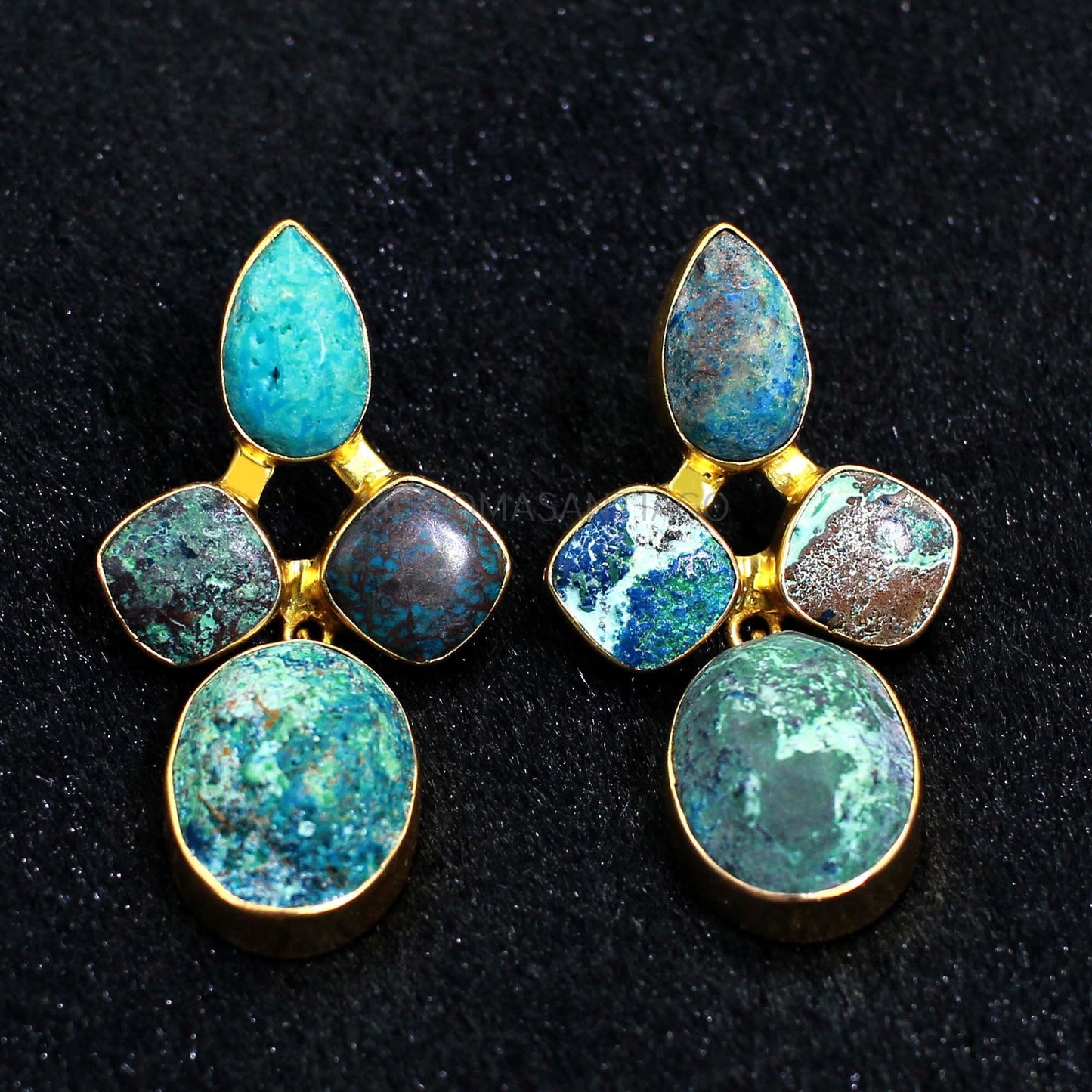 Chrysocolla Gemstone Earring- Handmade Earrings- Gold Brass Earrings- Wedding Earrings- Drop Style- Boho Earrings- Chrysocolla Jewelry