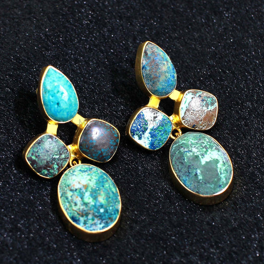 Chrysocolla Gemstone Earring- Handmade Earrings- Gold Brass Earrings- Wedding Earrings- Drop Style- Boho Earrings- Chrysocolla Jewelry