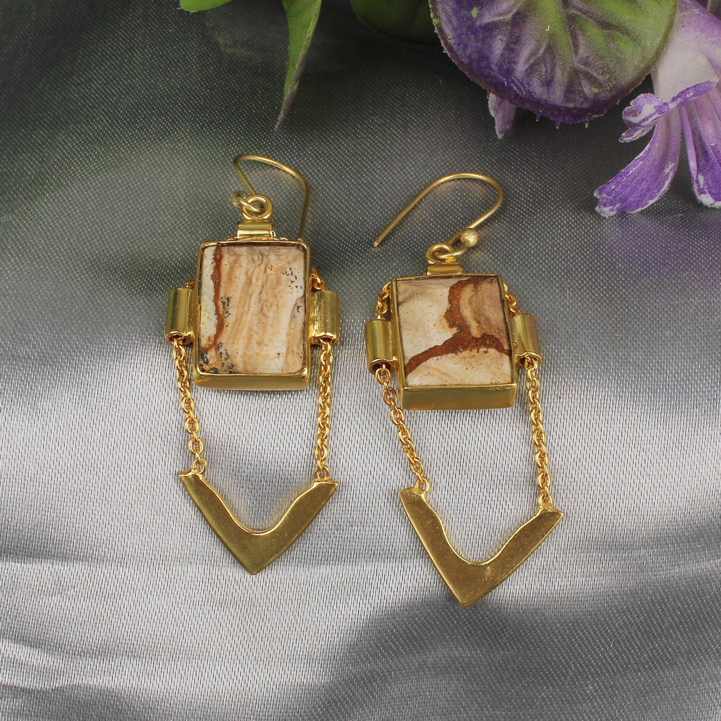 Women Earrings Jewelry, Picture Jasper Earrings, Women Chain Earrings, Bridesmaid Gift, Modern Jewelry, Dangle Earring, Gold Plated Earrings