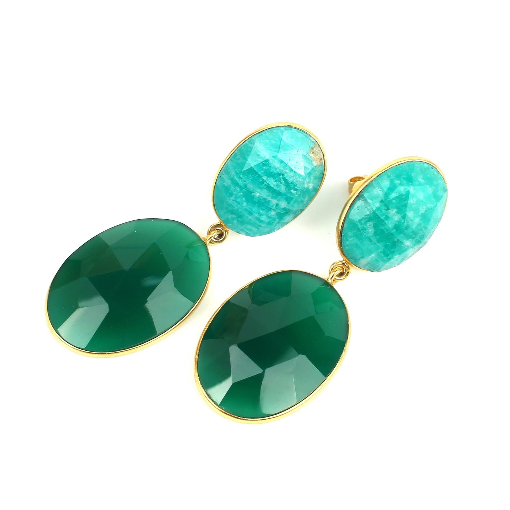 Natural Amazonite Boho Earrings, Green Onyx Earrings, Gold Plated Brass jewelry, Long Brass Earrings, Designer Earring, Two Gemstone Earring