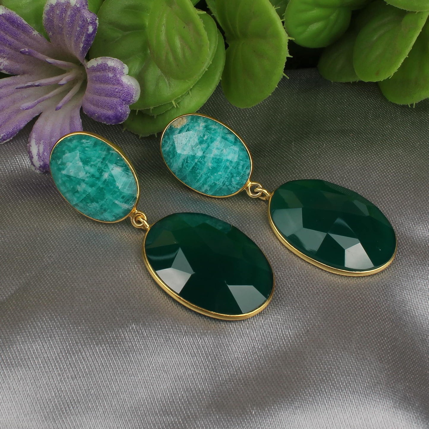 Natural Amazonite Boho Earrings, Green Onyx Earrings, Gold Plated Brass jewelry, Long Brass Earrings, Designer Earring, Two Gemstone Earring