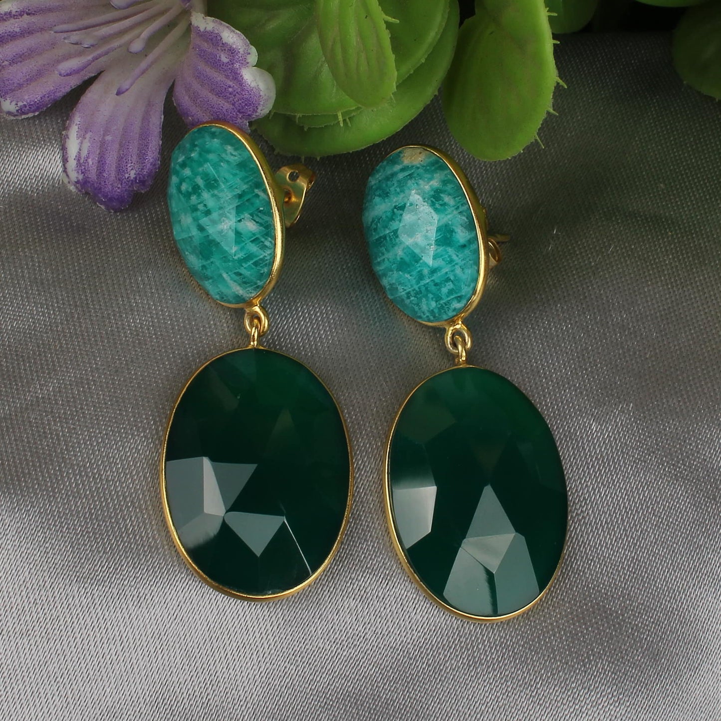 Natural Amazonite Boho Earrings, Green Onyx Earrings, Gold Plated Brass jewelry, Long Brass Earrings, Designer Earring, Two Gemstone Earring