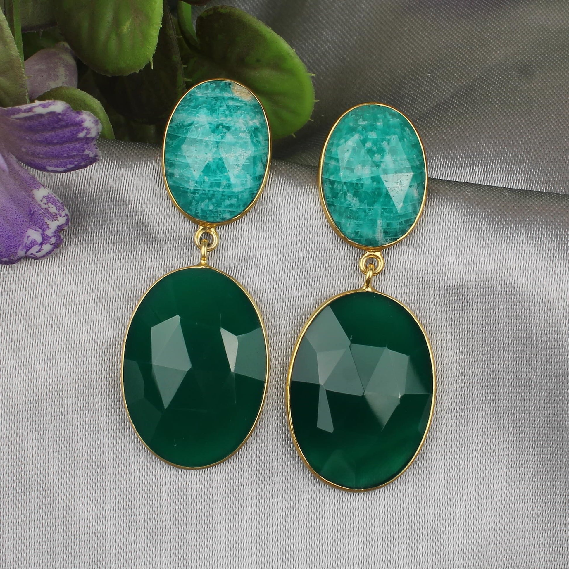 Natural Amazonite Boho Earrings, Green Onyx Earrings, Gold Plated Brass jewelry, Long Brass Earrings, Designer Earring, Two Gemstone Earring