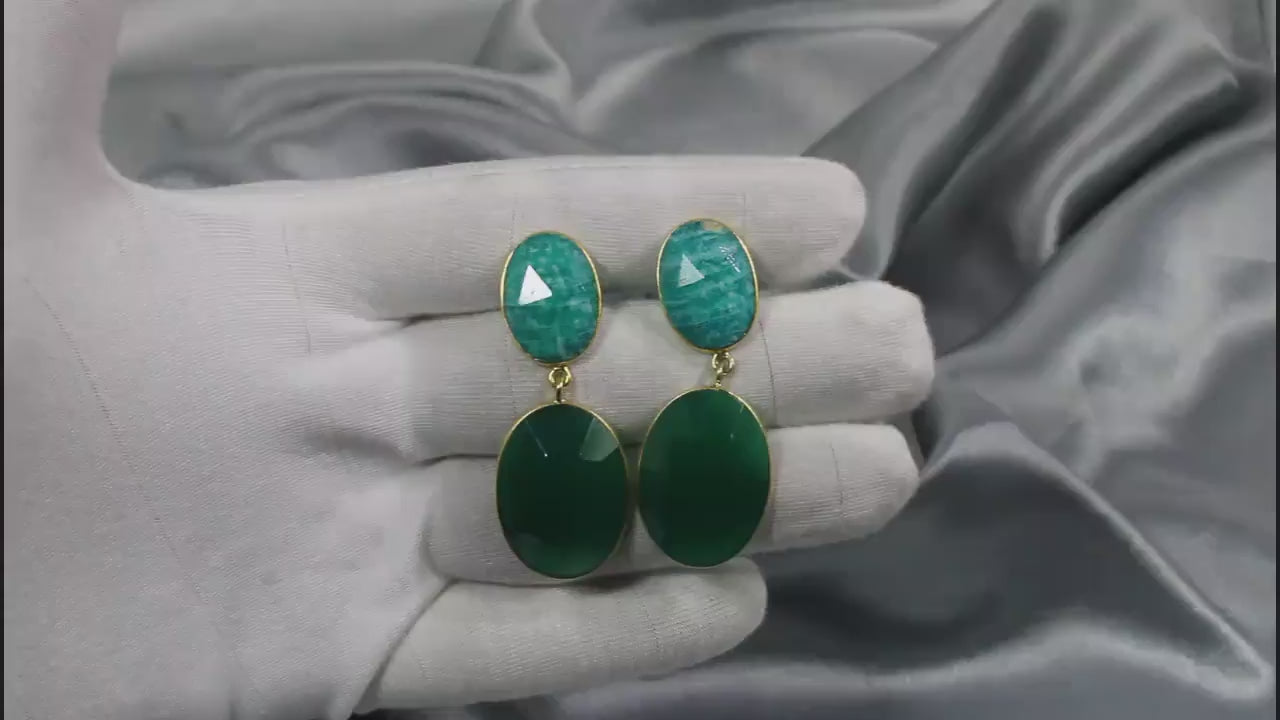 Natural Amazonite Boho Earrings, Green Onyx Earrings, Gold Plated Brass jewelry, Long Brass Earrings, Designer Earring, Two Gemstone Earring