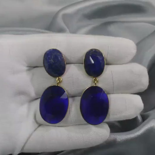 Lapis Lazuli & Ink Blue Hydro Gemstone Brass Earrings