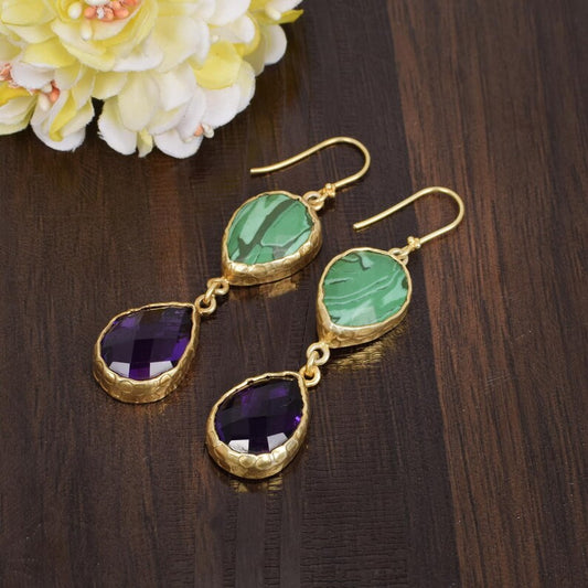 92.5 Sterling Silver Gold Plated Purple Amethyst & Malachite Earrings