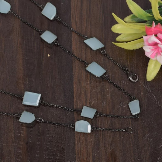 Black Ruthenium-Plated Aqua Chalcedony Brass Necklace