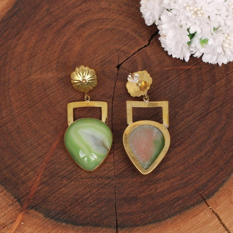 Green Window Druzy Brass Gold Plated Brass Earrings