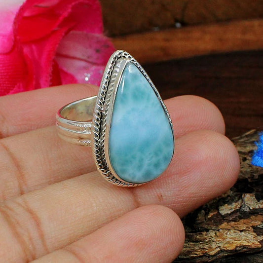 Pear Shape Larimar Gemstone 92.5 Sterling Silver Ring