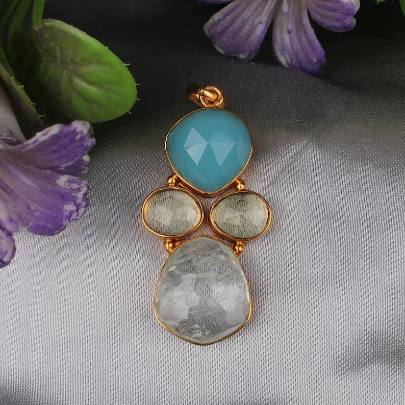 Aqua Chalcedony & Aqua Crackle Brass Gold Plated Pendant