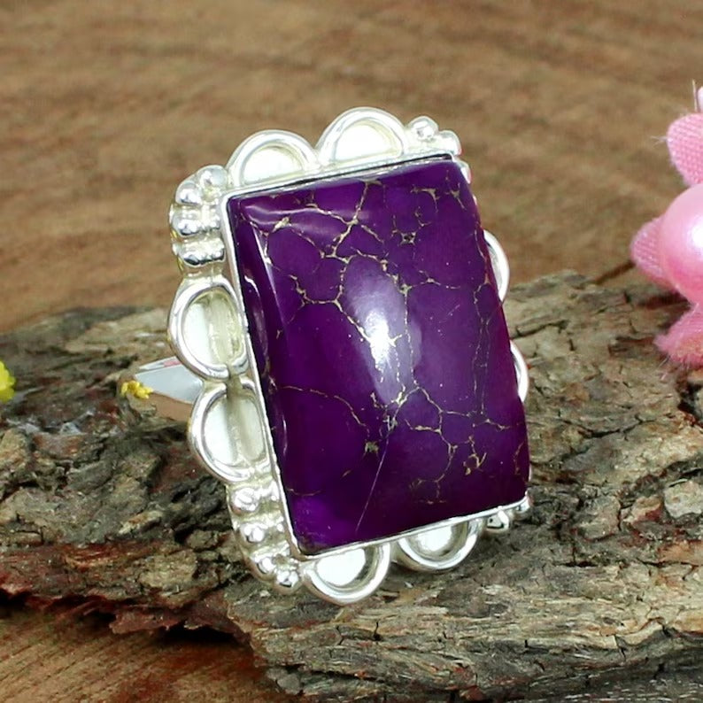 Rectangle Natural Mohave Purple Copper Turquoise Gemstone Silver Ring